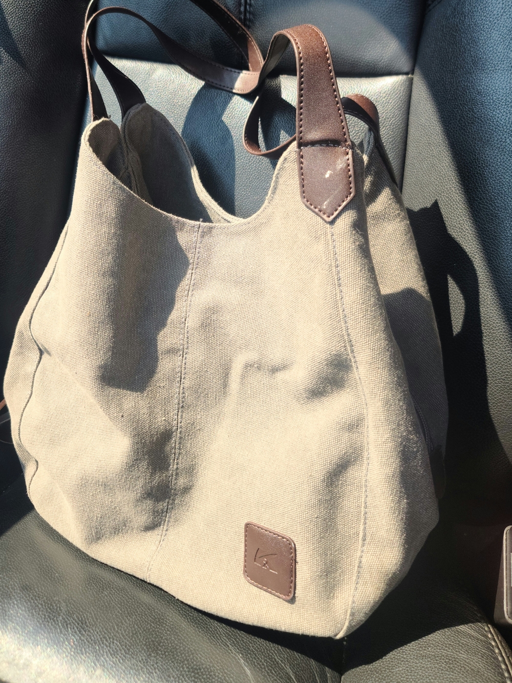 Canvas Tote with Brown Leather Trim - Neutral Taupe